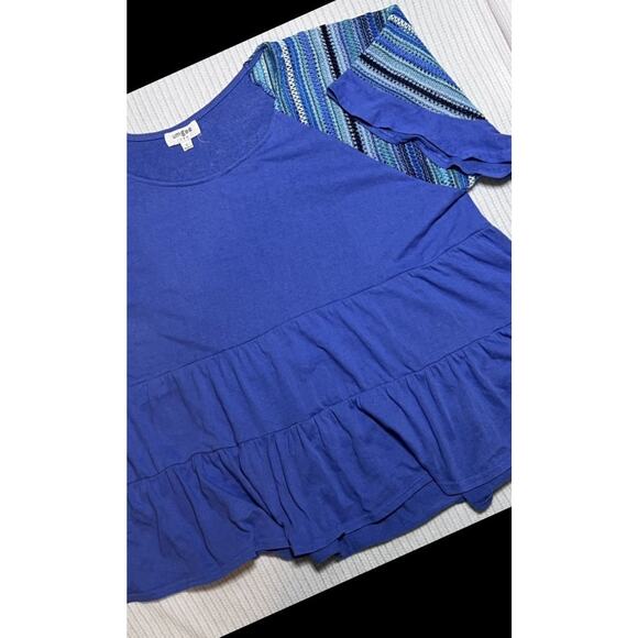 Umgee L Blue Flowy Peplum Striped Crochet Sleeve GUC Boho - Picture 1 of 9